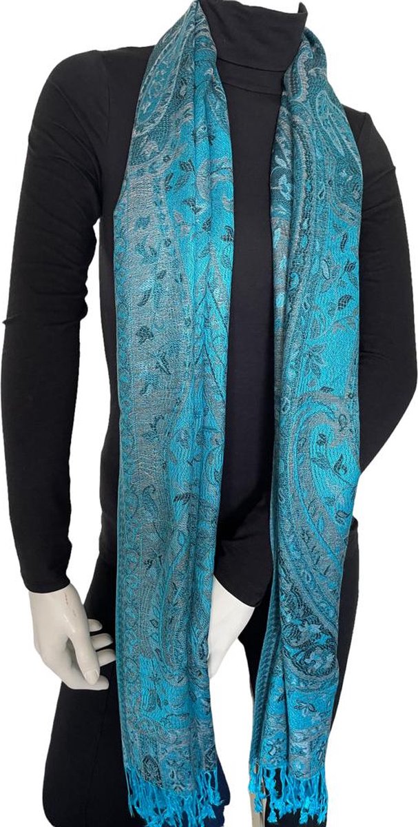 Pashmina Sjaal- Fashion Sjawl Pareo Omslagdoek- Fijn geweven Sjaal 206/8- Turquoise met zwart grijs details