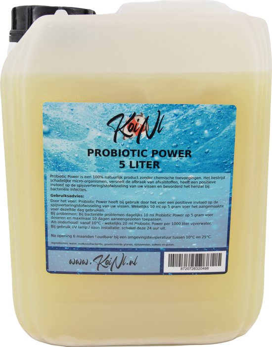 Transparante jerrycan met lichtgele vloeistof en blauw label "PROBIOTIC POWER 5 LITER" met gebruiksaanwijzing.