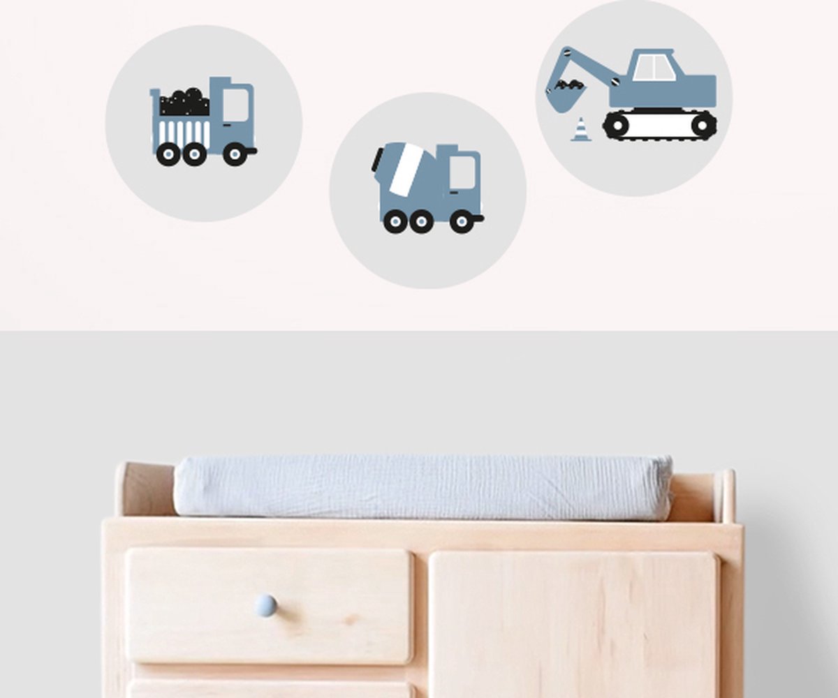 Muurcirkel set Voertuigen jeans blauw 3x 30cm - muursticker - voertuigen - graafmachine - vrachtwagen - cementmolen - blauw - kinderkamer - jongenskamer - muurdecoratie - kinderkamerstyling – kinderkameraccessoire