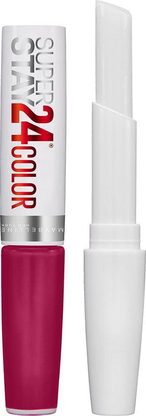Maybelline SuperStay 24H Color lippenstift met donkerroze huls en rode dop, naast de opengemaakte witte huls.
