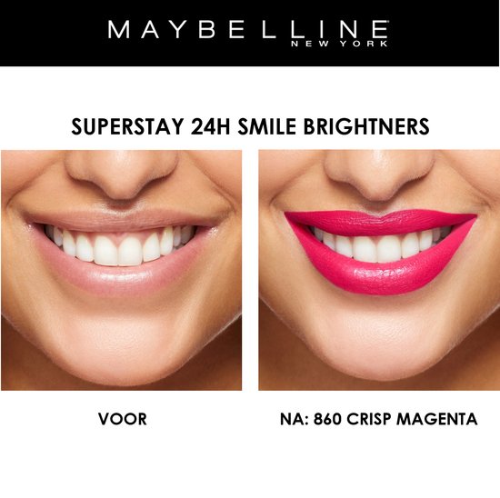 Model met felroze lippenstift. "VOOR" en "NA: 860 CRISP MAGENTA".