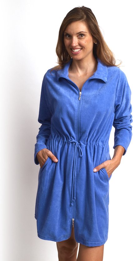Dunne badjas met rits - kort model - ideaal voor mee op reis, sauna & camping - blauw maat S