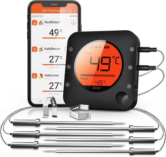 4. Claire BF-5 BBQ thermometer - Vleesthermometer - Oventhermometer - Draadloos met app - Incl. Batterijen en 6 meetsondes