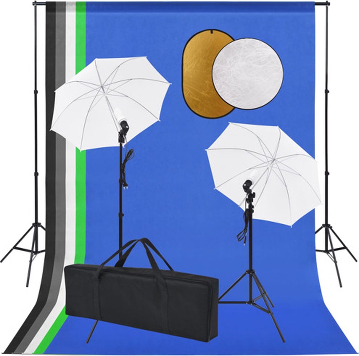 vidaXL - Fotostudioset - met - lampen, - paraplu's, - achtergrond - en - reflector
