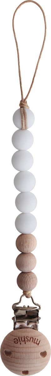 Mushie Speenkoord EVA - White / Hout (look) - 100% siliconen kralen