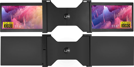 Lipa HDR-70 Triple Portable monitor Full HD - Extra beeldscherm laptop - Tri-screen- Triple monitor - 1 Kabel model (ook voor MacOS & Windows) - Plug & Play - Voor schermen tussen 13.3 en 16.1 inch - 60 Hz - HDR en IPS - 2x 11.6