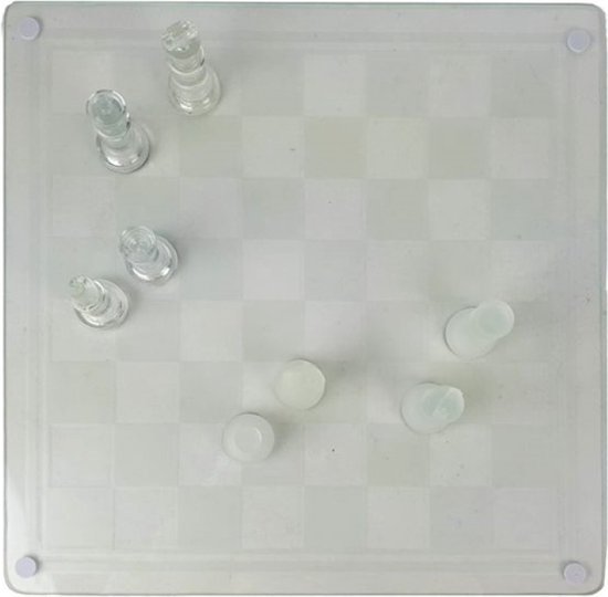 Oneiro’s Luxe Glazen Schaakspel - 25 x 25 cm - zomer – reizen – vliegtuig – spelletjes – spellen – reisspellen