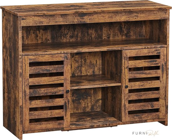 FURNIBELLA -  dressoir, bijzetkast, keukenkast met planken, halkast met lamellendeuren, vrijstaand, woonkamer, eetkamer, slaapkamer, vintage bruin LBF003X01