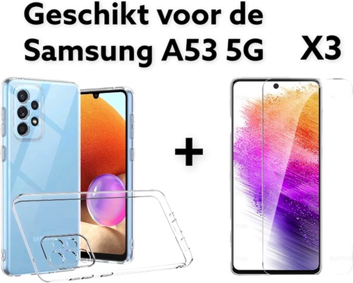 Samsung galaxy A53 5G hoesje siliconen achterkant transparant + 3x screen protectors -samsung a53 hoesje siliconen doorzichtig back cover + 3x tempert glas protectie