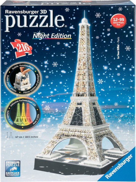 Ravensburger Eiffeltoren Night Edition- 3D puzzel gebouw - 216 stukjes |  bol.com