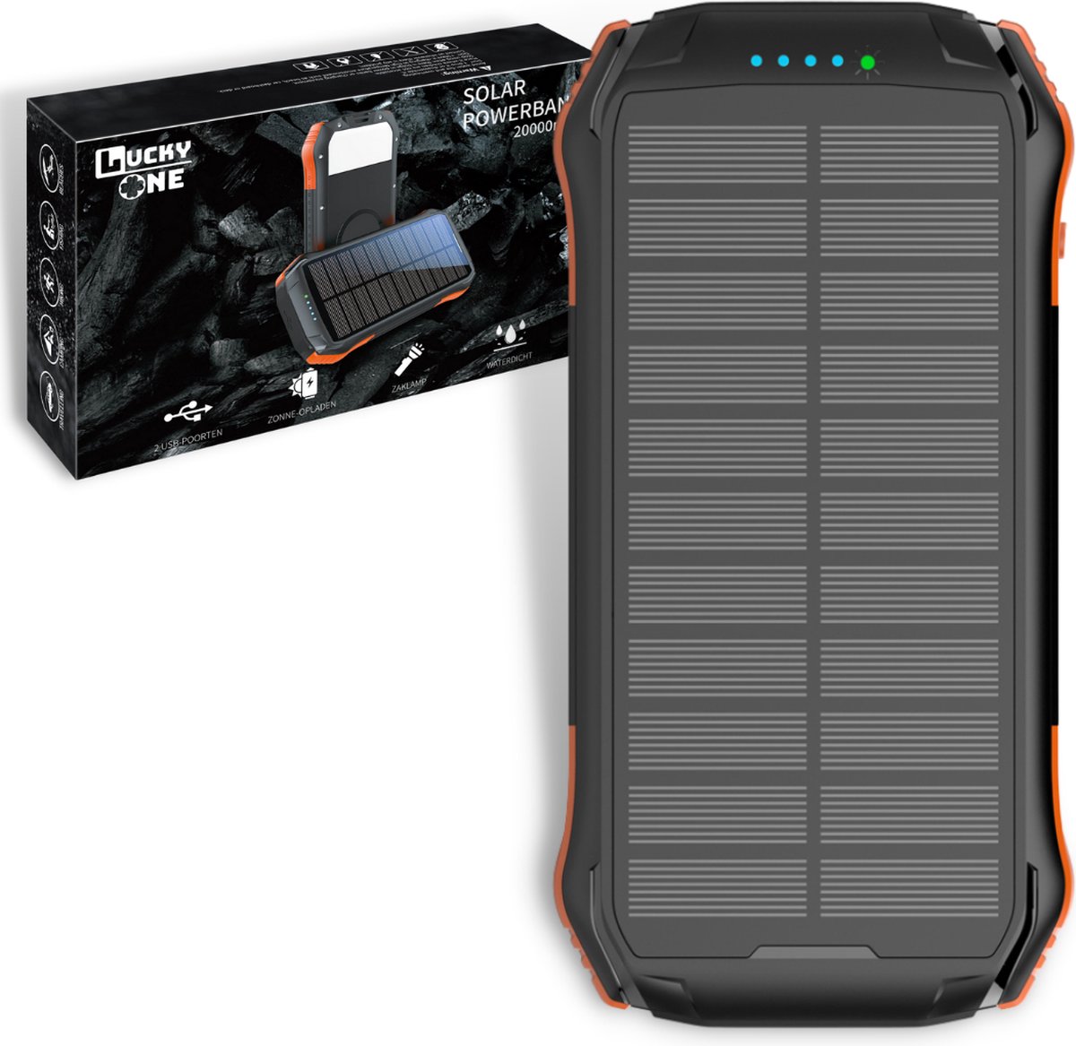 Lucky One Solar Powerbank met 20000 mAh - zonneenergie - Iphone & Samsung - Solar Charger - USB C & Micro USB - Outdoor - Oranje