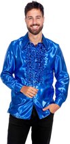 Jaren 80 & 90 Kostuum | Blauwe Ruchesblouse Satijn Foute Disco | Maat 54 | Carnaval kostuum | Verkleedkleding
