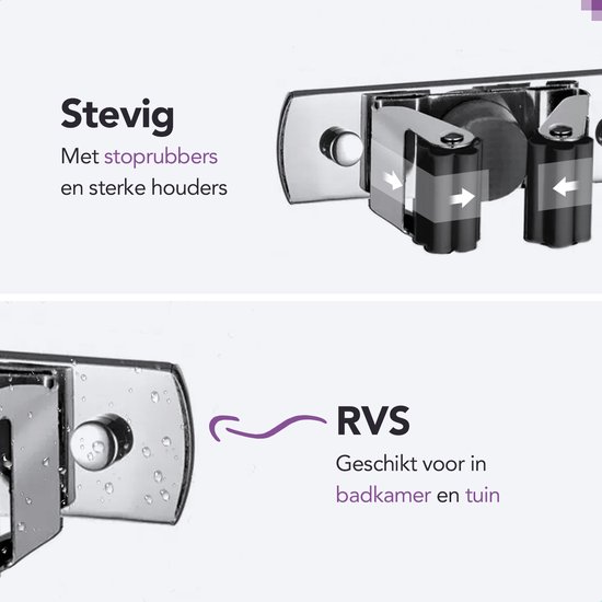 Roestvrij stalen bezemhouder met stoprubbers en sterke houders voor badkamer en tuin.