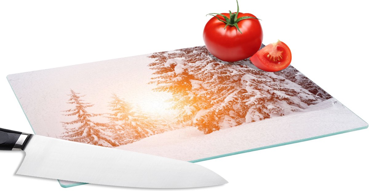 Glazen Snijplank - 28x20 - Zon - Bomen - Sneeuw - Snijplanken Glas