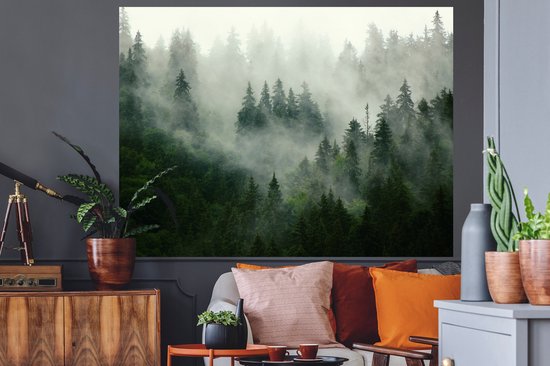Stickers muraux - Forêt - Brouillard - Arbres - Nature - 160x120 cm - Film adhésif XXL
