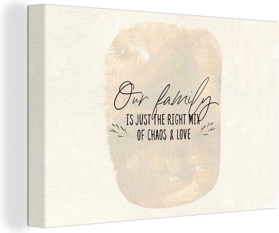 Vue latérale d'une toile rectangulaire avec le texte 'Our family is just the right mix of chaos & love'.