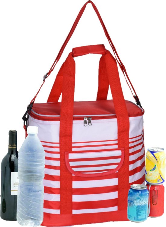 Grote koeltas draagtas schoudertas rood/wit gestreept met 2 stuks flexibele koelelementen 24 liter van SportX — afbeelding 2