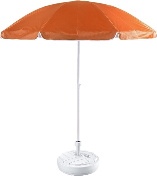 Oranje lichtgewicht strand/tuin basic parasol - van nylon - Dia 200 cm - met vulbare parasolvoet wit van plastic