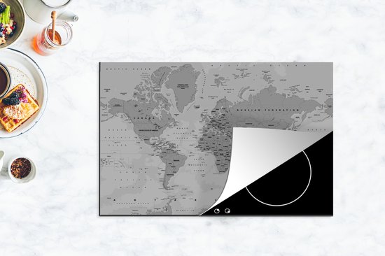 KitchenYeah® Inductie beschermer 81.2x52 cm - Abstracte wereldkaart met schaduwen - zwart wit - Kookplaataccessoires - Afdekplaat voor kookplaat - Inductiebeschermer - Inductiemat - Inductieplaat mat
