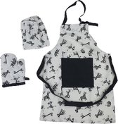 Kinderkookset met zebraprint - Wit / Zwart - Katoen - One Size - Set van 3 - Schort / Muts / Want - Koken - Set - Keukenset - Keuken - Bakken