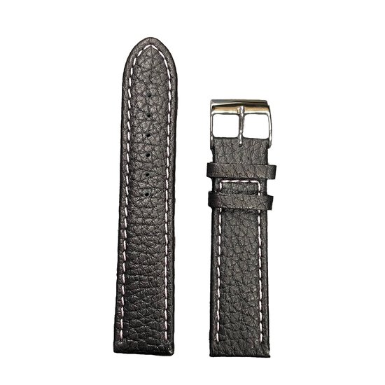 Horlogeband - 22mm - Zwart ( Licht roze stiksel ) - Echt leer - Roestvrijstalen gesp