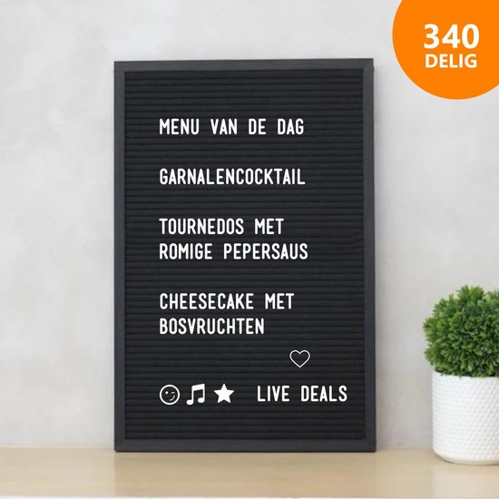 Live Deals Letterbord Cadeauset - Inclusief Houten Standaard & 340 Letters - Met Schaar & Opbergzakje - Memobord Vilt - 30x40 cm - Zwart