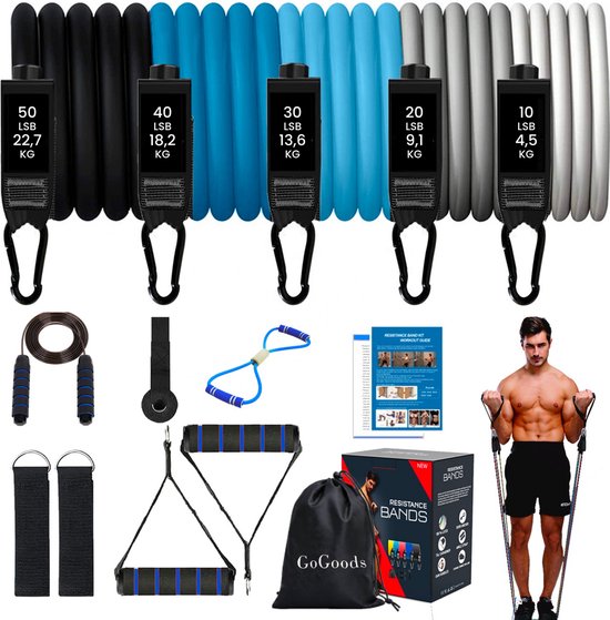 Foto: Gogoods resistance band set weerstandsbanden 70kg totaal fitness elastiek handvaten enkelbanden met springtouw