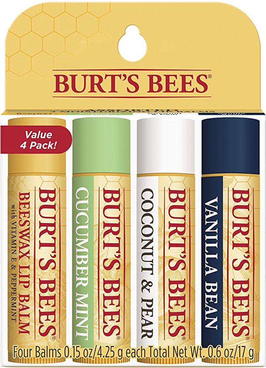 Burt's Bees Lippenbalsem - lipverzorging, 100% natuurlijk - komkommermunt, kokosnoot en peer, vanilleboon met bijenwas en fruitextracten (4 stuks) | Cadeau tip! Liefdes Cadeau Vrouw – Valentijn Cadeautje Vrouw – Valentijn kusjes – Liefde