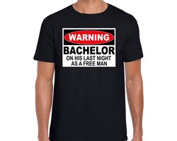 Vrijgezellen Warning bachelor free man t-shirt zwart heren - Vrijgezellenfeest kleding / shirt mannen L