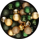 Kerstballen - 28 stuks - goud en donkergroen - mix - 3 cm - mat - glans - glitter - kunststof