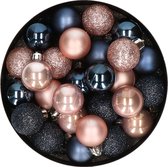 28x stuks kunststof kerstballen lichtroze en donkerblauw mix 3 cm - Kerstboomversiering