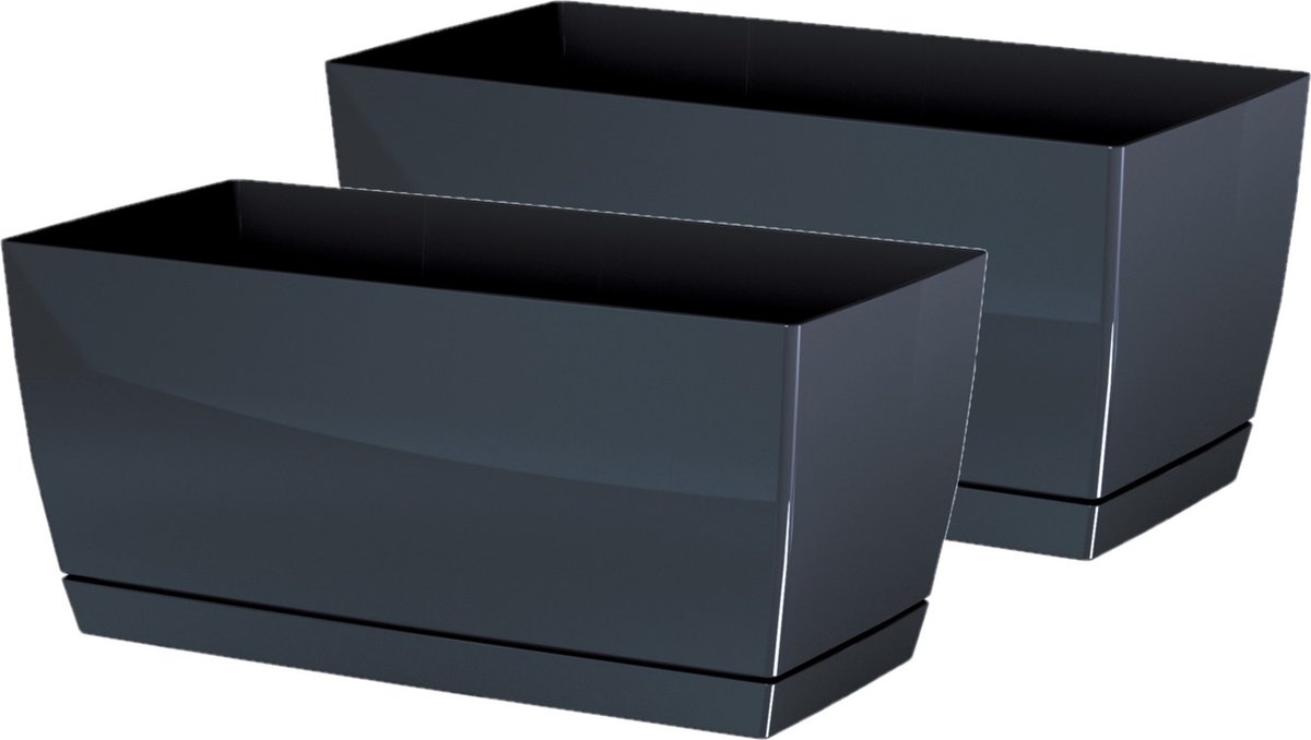 Prosperplast Plantenpot/bloempot met opvangschaal - 2x - kunststof - antraciet 29 x 14 x 14 cm - binnen/buiten