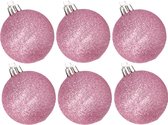 6x stuks kunststof glitter kerstballen roze 8 cm - Onbreekbare plastic kerstballen