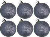 6x stuks kunststof glitter kerstballen donkerblauw 8 cm - Onbreekbare plastic kerstballen
