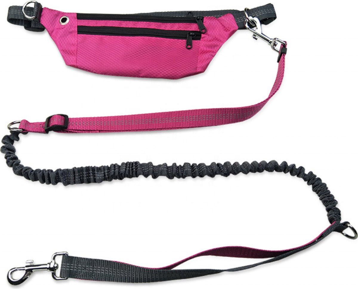 Darenci Handsfree Dierenriem Roze - Handsfree Hondenlijn Met Heuptas - Schokbestendige Looplijn - Hardlooplijn - Elastische Leiband - 180 cm - Honden Uitlaatriem