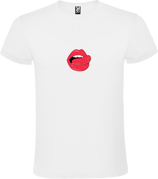 Wit T shirt met print van 'Mond met Tong' print Rood / Wit size XL