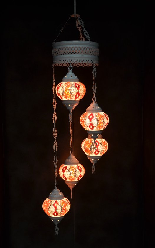 Hanglamp multicolour roze glas mozaïek 5 bollen Turkse Oosterse Crèmewit Marokkaanse kroonluchter