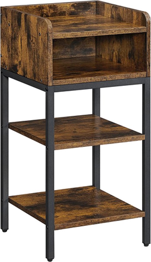 Hoppa! table de chevet, haute, avec compartiment ouvert et 2 étagères, pour chambre à coucher, peu encombrante, design industriel, 35 x 35 x 70 cm, vintage marron-noir
