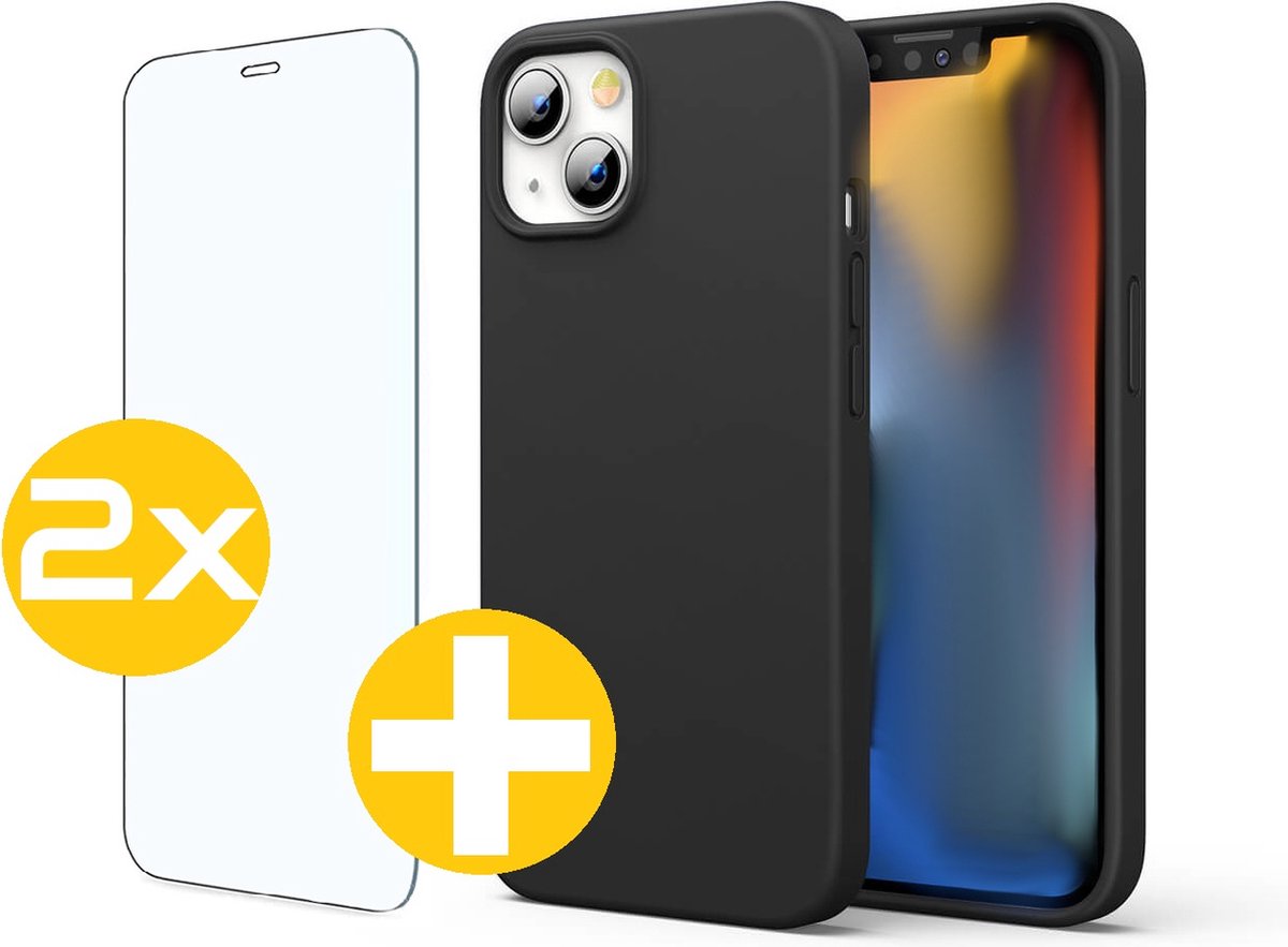 Hoesje en Screenprotector Combi Geschikt Voor iPhone 13 Mini - Zwarte Siliconen Hoesje + 2x Screenprotector