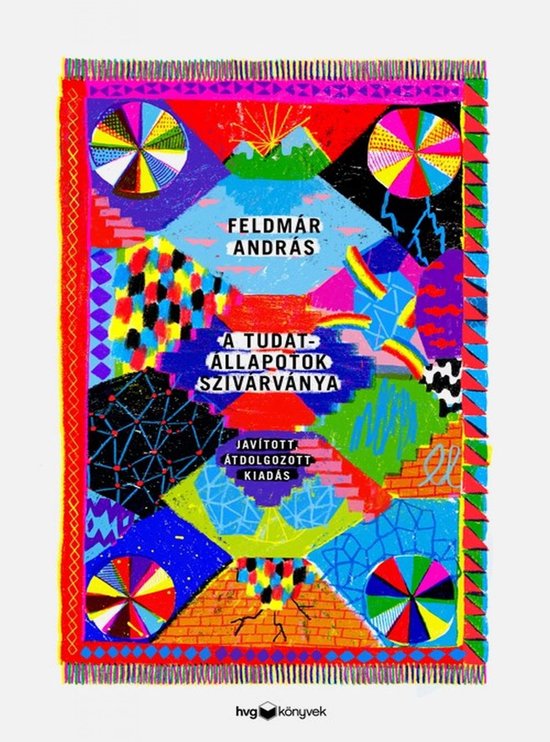 Boek met een felgekleurde, abstracte geometrische print, inclusief tekst in het Hongaars.