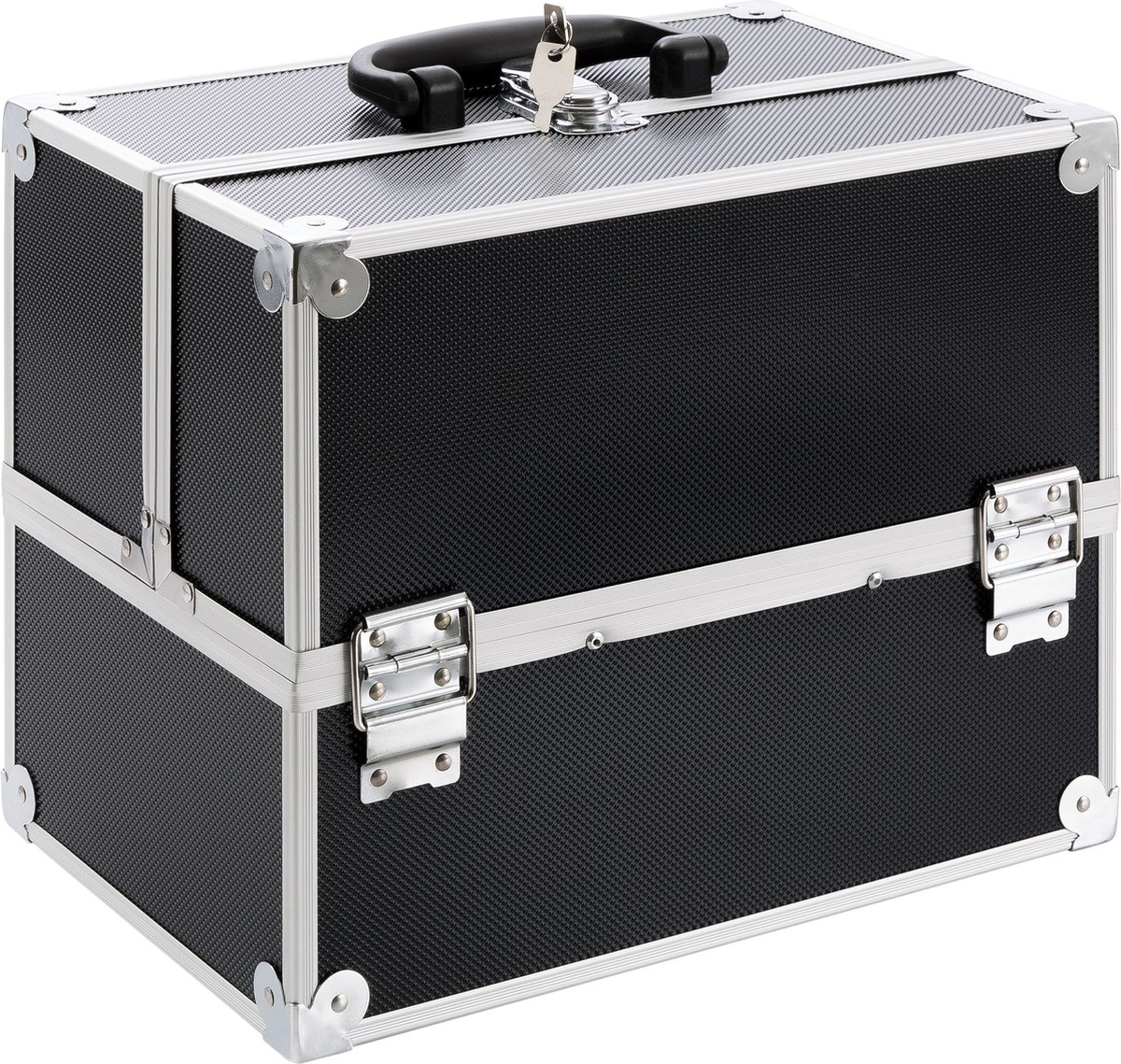 Goedkoopste Arebos Cosmeticakoffer, 15 liter, make-upkoffer, organizer voor op reis, voor kappers en visagisten, afsluitbaar, uittrekvakken aan beide zijden, 2 sleutels, zwart/zilver, zwart, 32 cm X 22 cm X 27 cm