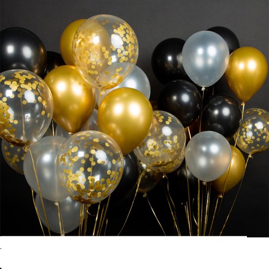 Knoopballonnen - Zwart/Goud/Transparant - Papieren Confetti - 12 stuks