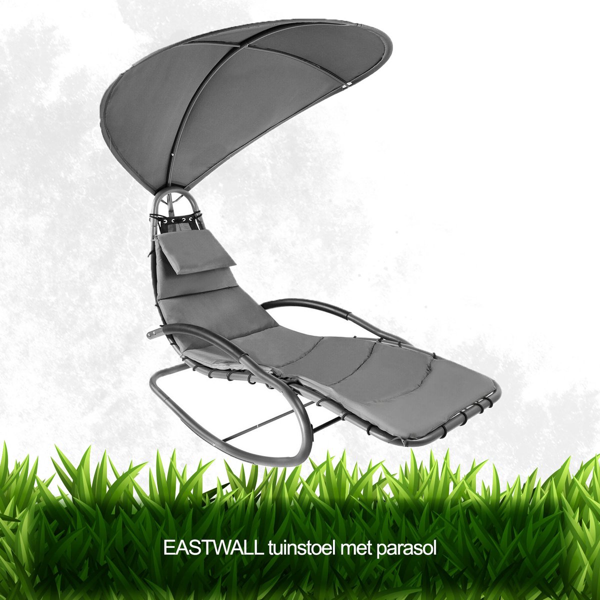 EASTWALL tuinstoel met parasol - ligstoel met zonbescherming - luxe metalen tuistoel - zonnebed - loungebed - schommelstoel - mooi design - donker grijs - 178x183x76cm
