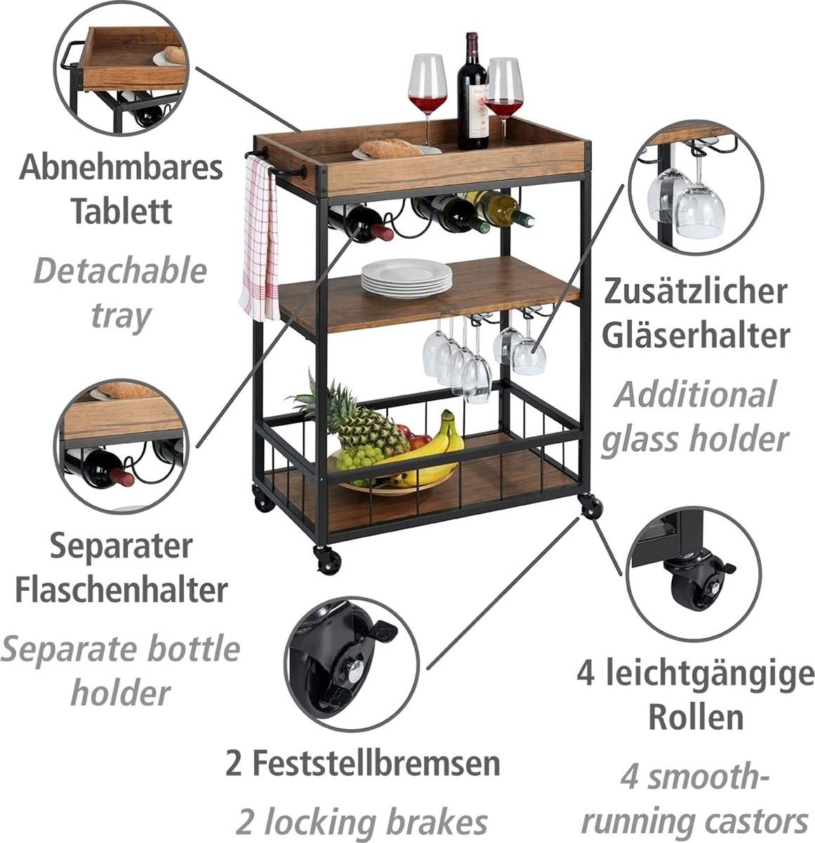 Klarstein Vermont - keukentrolley, serveerwagen, keukentrolley, 4 niveaus, DRIE planken, verwijderbare lade, flessenplank, roestvrijstalen werkblad, echt hout, wielen, donkerbruin