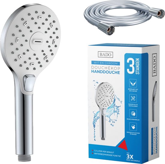 BADO Douchekop Handdouche Waterbesparend Inclusief Doucheslang Chroom