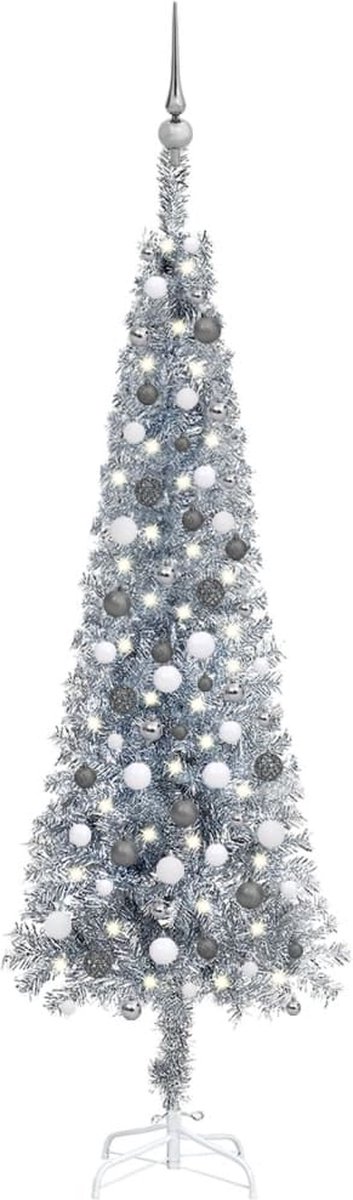 VidaLife Kerstboom met LED's en kerstballen smal 210 cm zilverkleurig