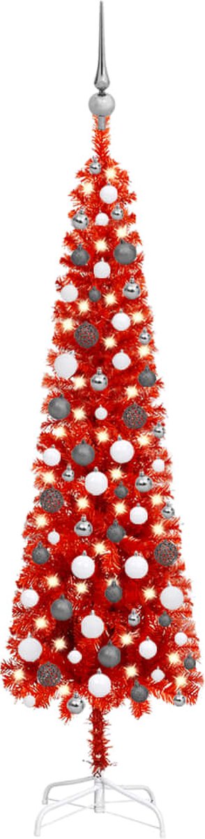 VidaLife Kerstboom met LED's en kerstballen smal 150 cm rood