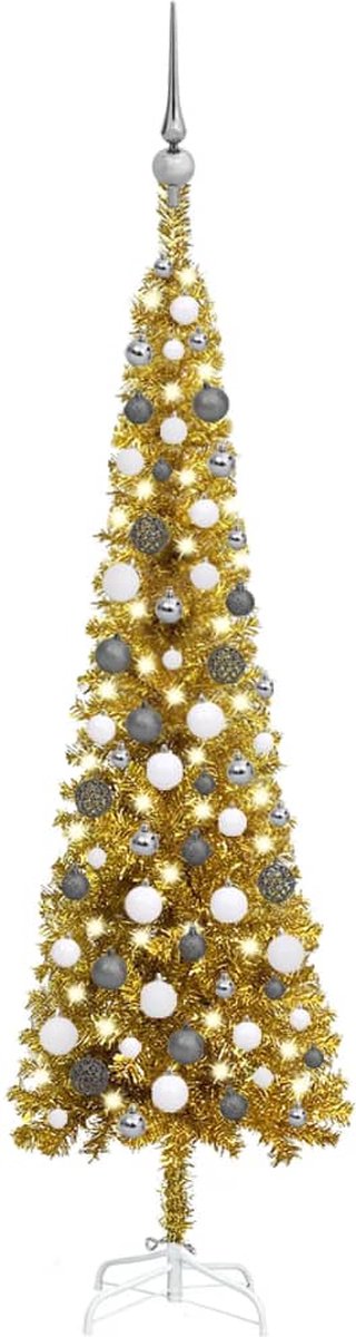 VidaLife Kerstboom met LED's en kerstballen smal 150 cm goudkleurig