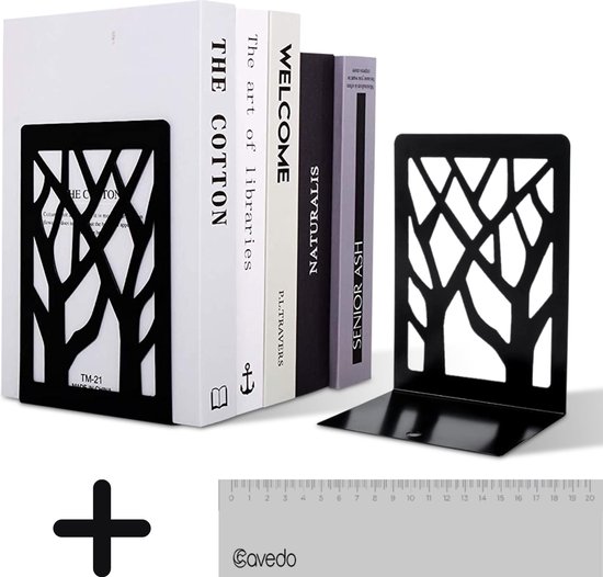 Cavedo Metalen Boekensteun In Zwart - Boekenstandaard - Boekenhouder - Uniek Design - Set van 2 - Inclusief Boekenlegger