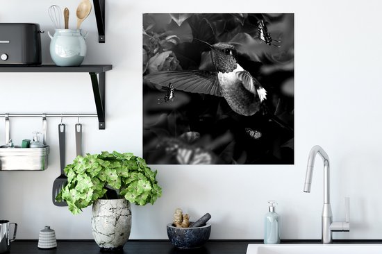Affiche Colibri entre les fleurs roses anciennes et les papillons - noir et blanc - 50x50 cm